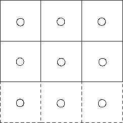4 by 3 grid with row of rind cells below, with circle at cell center