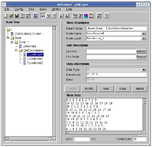 ADFviewer window with zone and grid coordinates nodes