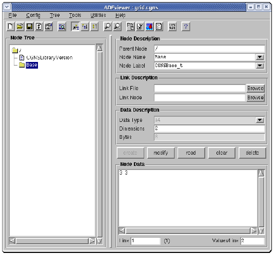 ADFviewer window with root, CGNSLibraryVersion_t, and CGNSBase_t nodes