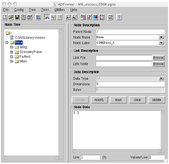ADFviewer window showing CGNSBase_t node data