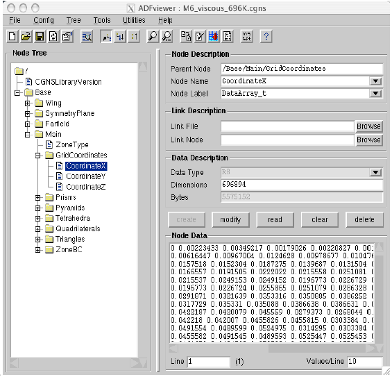 ADFviewer window showing x coordinates below GridCoordinates_t node 