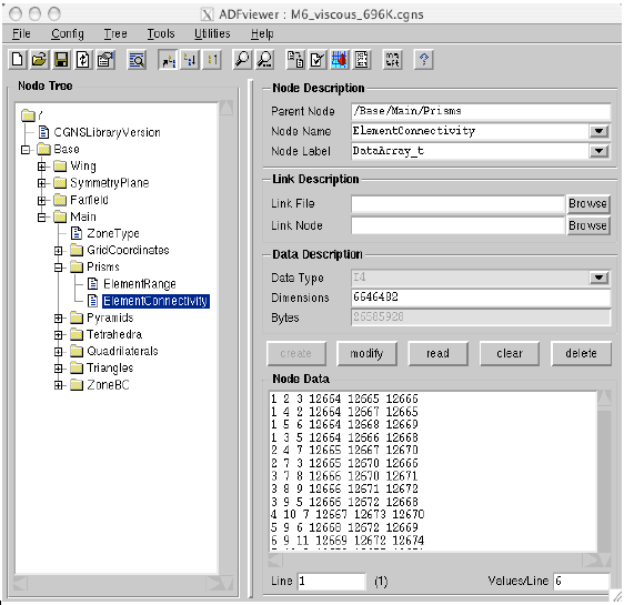 ADFviewer window showing element connectivity data below Elements_t node